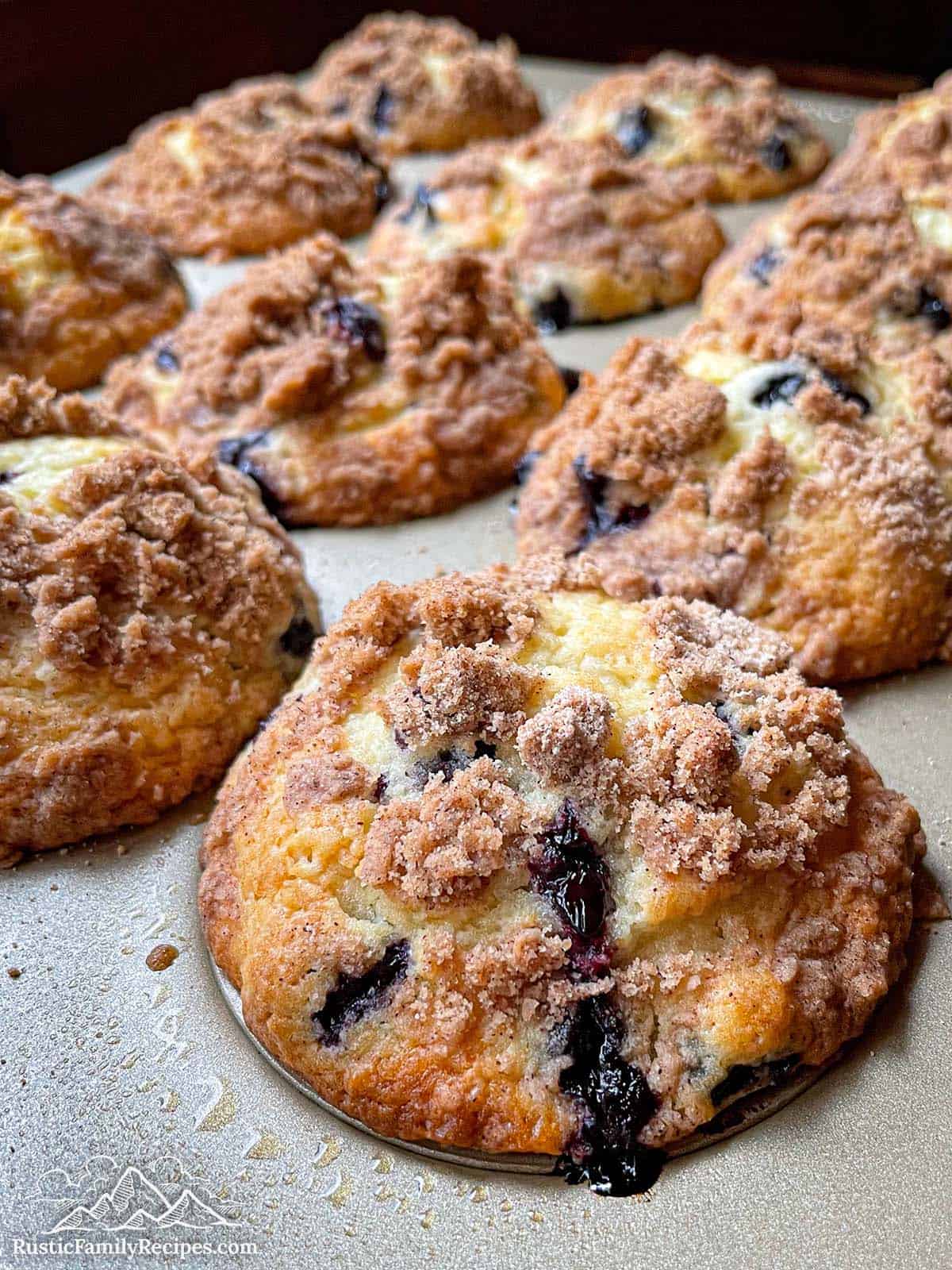 Blueberry muffins with crumb topping in a muffin tin