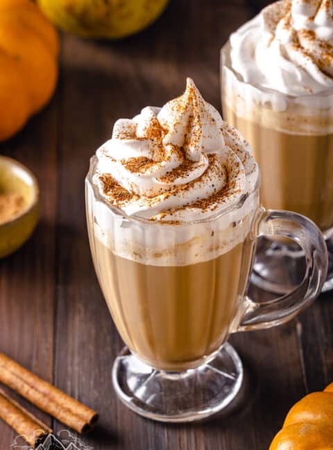 Homemade pumpkin spice lattes in two glasses
