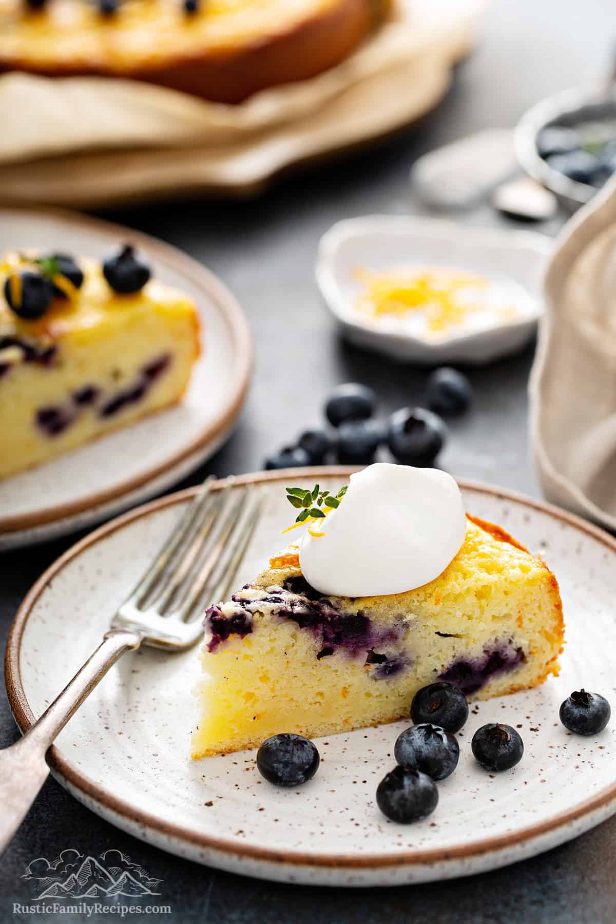 A slice of blueberry coffee cake topped with whipped cream on a plate.