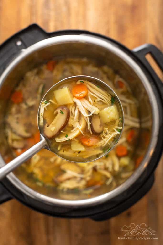 Ladle filled with chicken soup