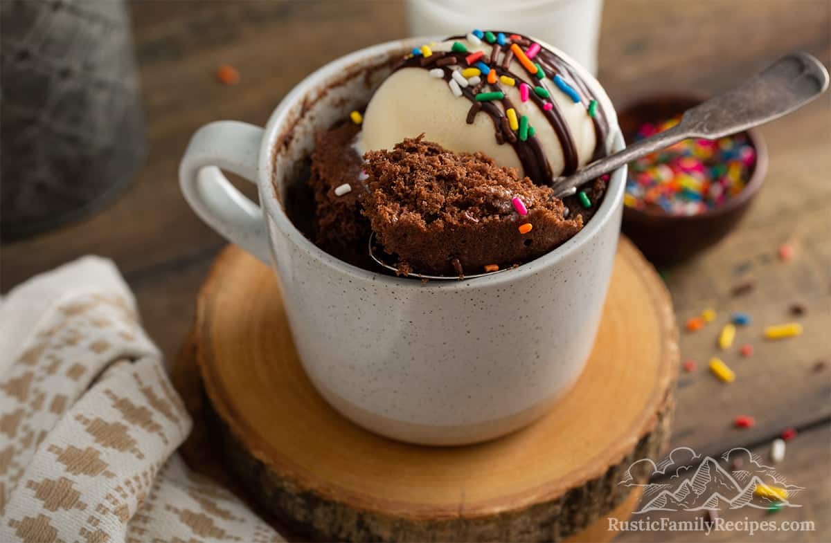 A chocolate cake in a mug topped with ice cream and sprinkles, a spoon with some cake scooped out