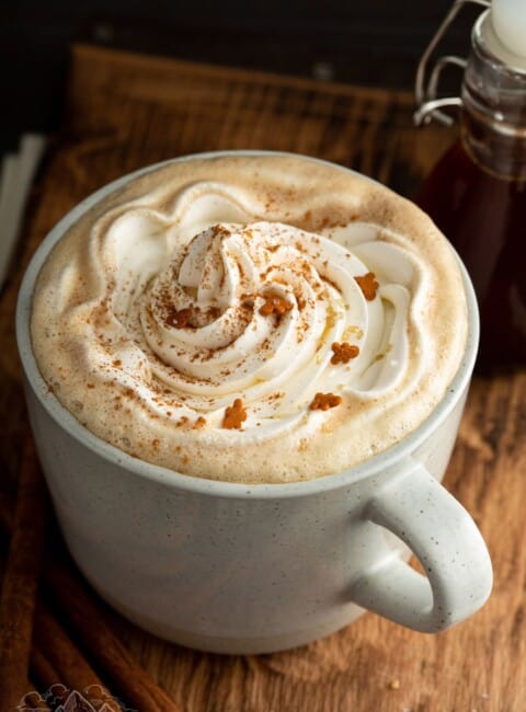 A mug filled with gingerbread latte and topped with whipped cream.