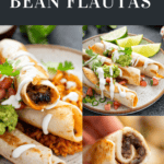 Flautas on a plate topped with mashed avocado and sour cream, plus the inside of a flautas
