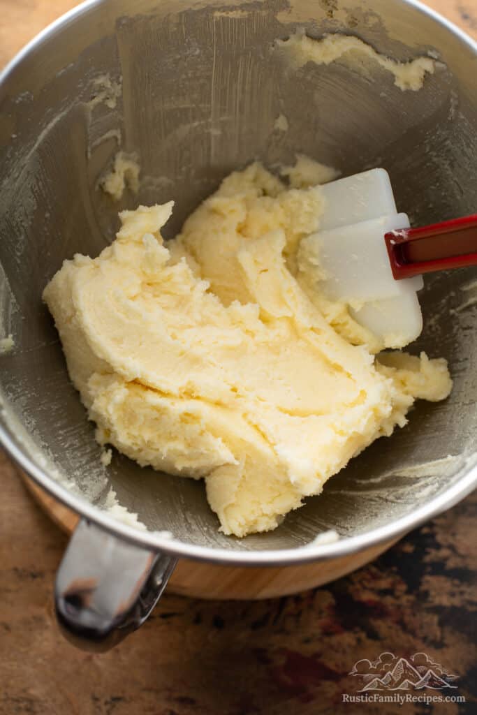 Butter and sugar creamed in a mixer bowl
