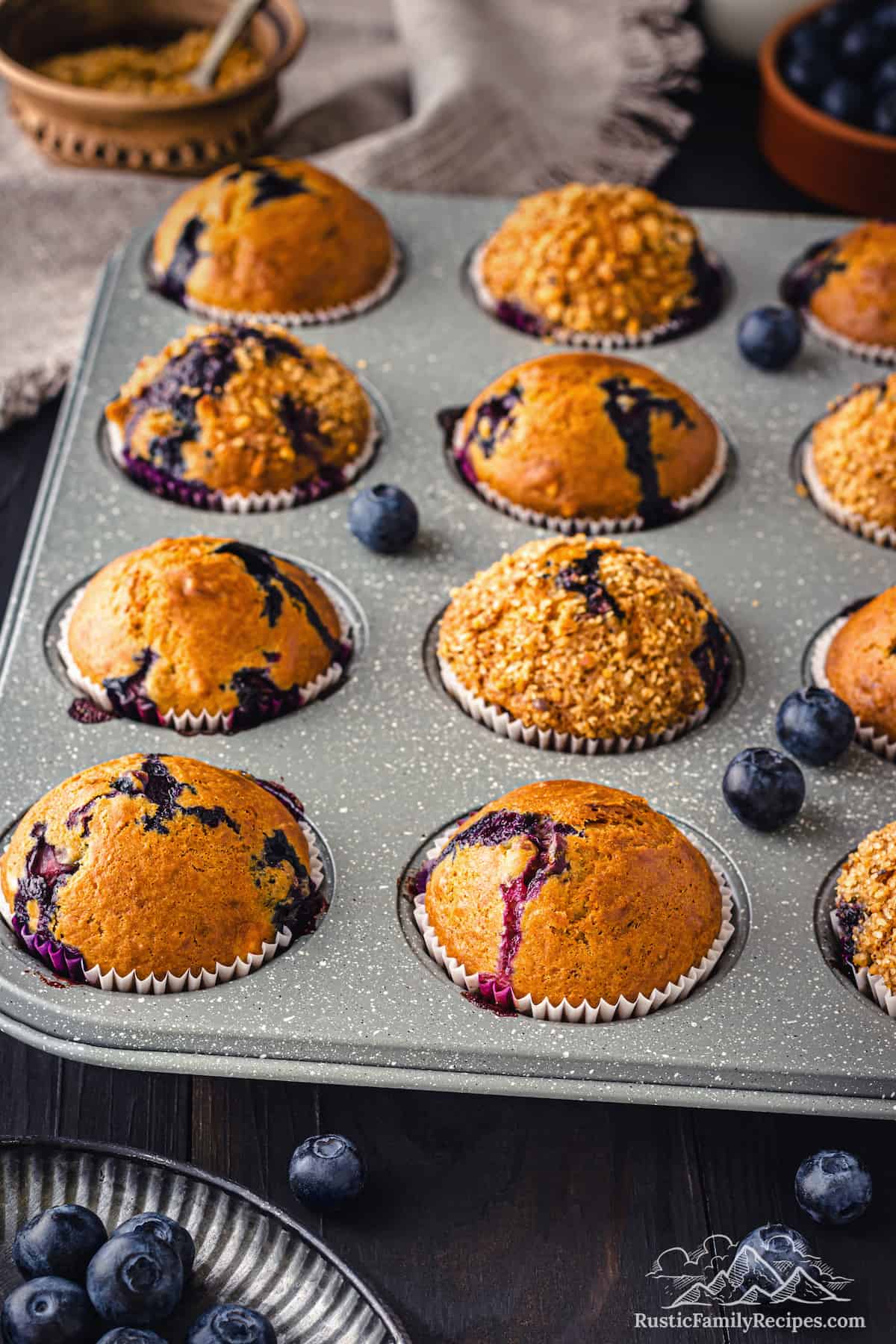 Blueberry muffins baked in a muffin tin