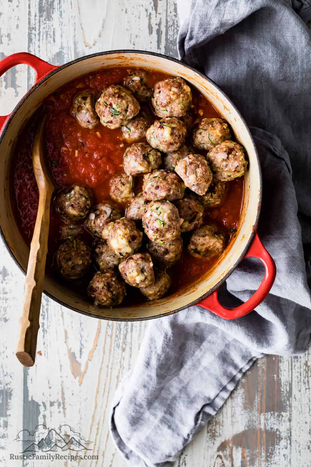 Turkey meatballs in a dutch oven with pasta sauce