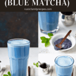 Glass filled with blue matcha latte and a plate with butterfly pea powder