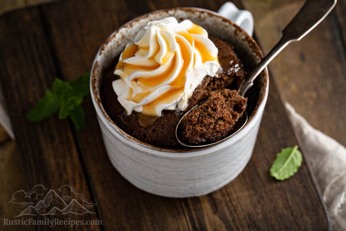 A nutella mug cake with a scoop taken out topped by whipped cream