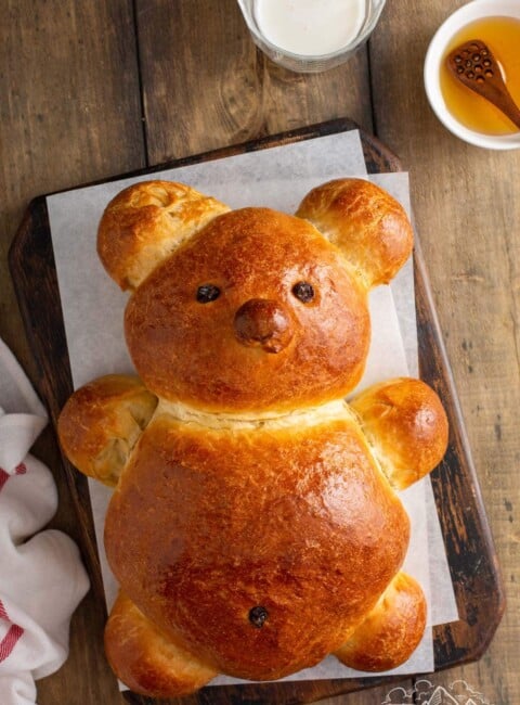 Challah bread shaped like a teddy bear