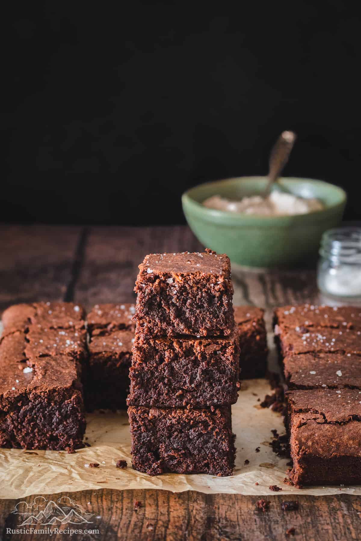 Stacks of rich homemade brownies.