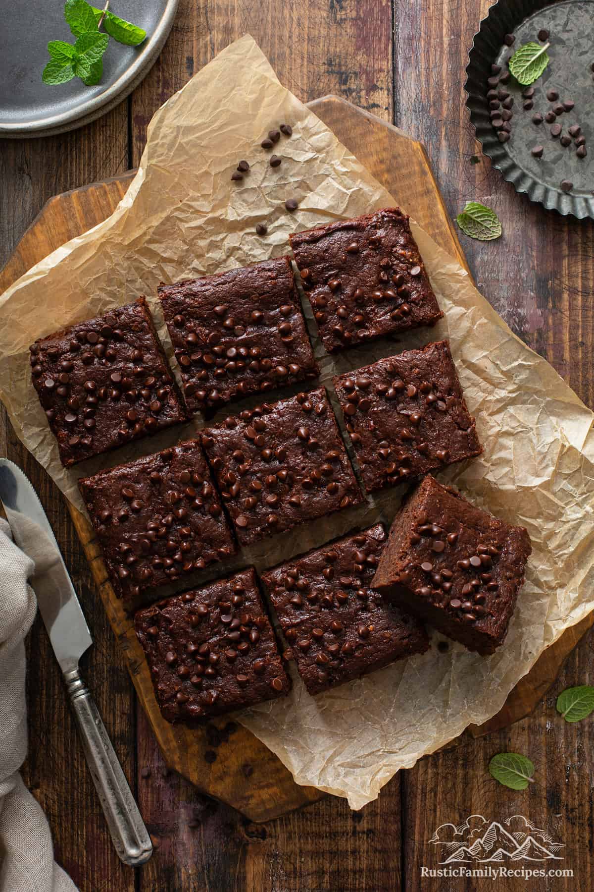 Sliced Vegan Brownies on parchment paper