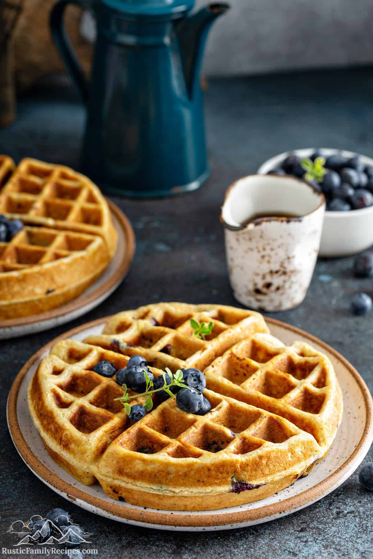 A blueberry waffle topped with a few blueberries.