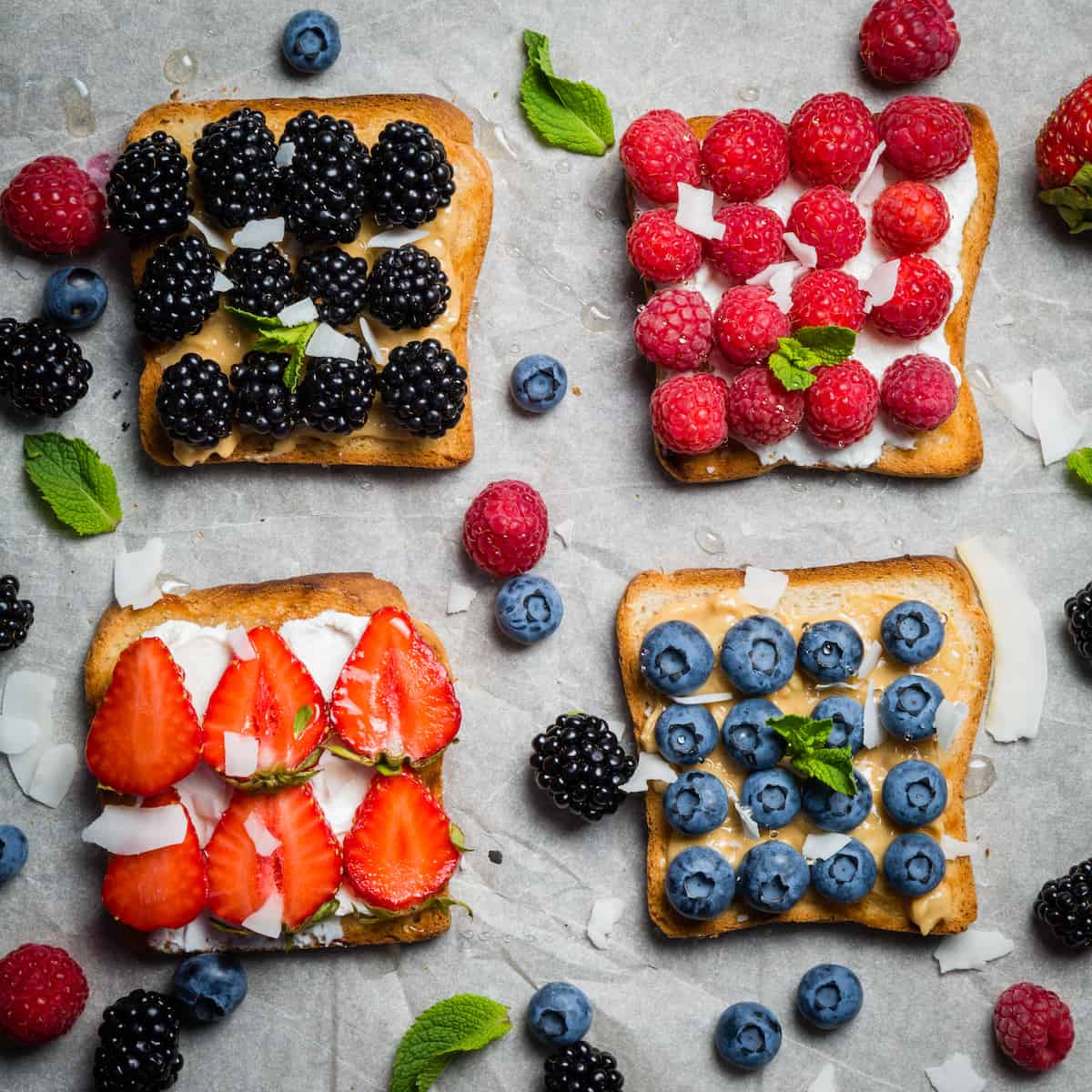 Toasts with cheese peanut butter and berries