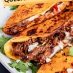 Close up of 3 quesabirria tacos on a plate