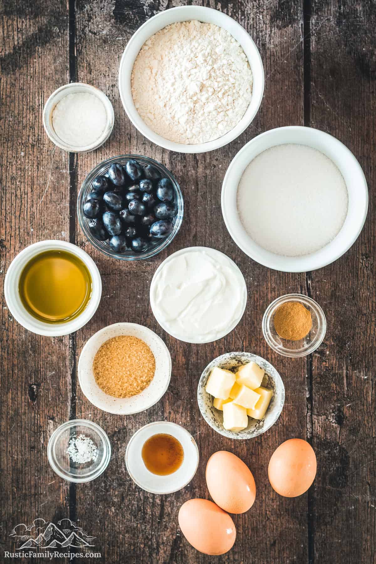 White bowls with cake ingredients