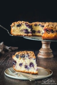 Slice of black currant cake in front of the entire cake on a stand