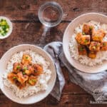 Overhead shot of two bowls of Orange Tofu