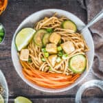 Overhead shot of Peanut Noodle Bowls with Tofu and Zucchini