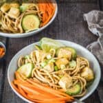Two Peanut Noodle bowls with small bowl of scallions in foreground