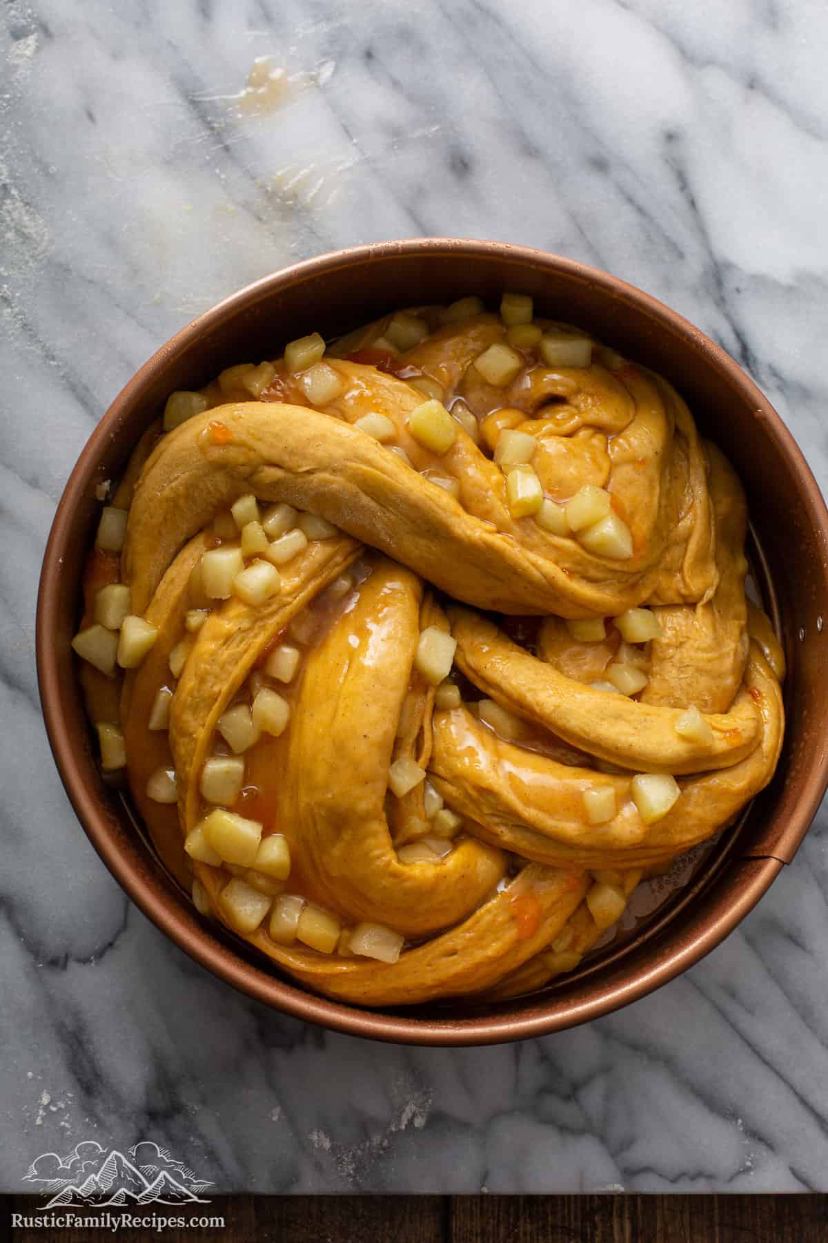 Pumpkin Apple Apricot Bread dough in pan