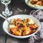 Two rustic bowls with chicken chasseur and mashed potatoes