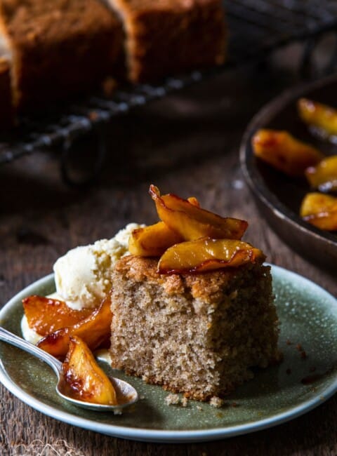 Closeup of Spice Cake With Caramelized Apples on plate