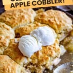 Apple cobbler with ice cream in a pie tin.