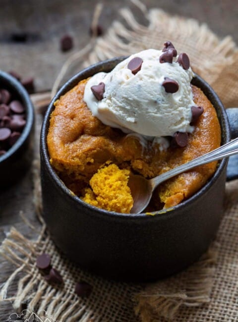 Pumpkin mug cake with vanilla ice cream and chocolate chips, spoon taking a scoop out
