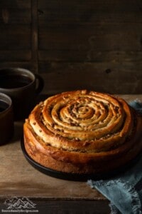 Spiral coffee cake in springform pan after sides are removed