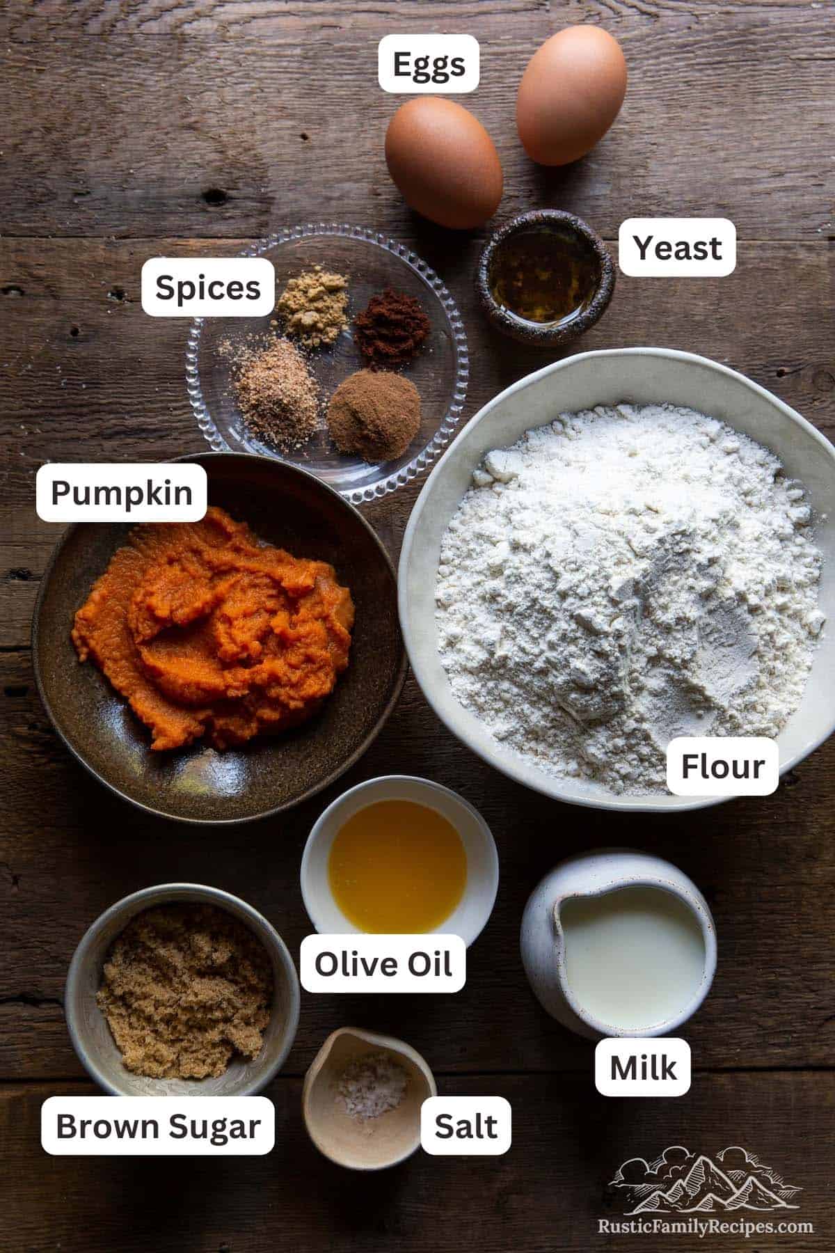 Ingredients for yeasted pumpkin chocolate chip bread.