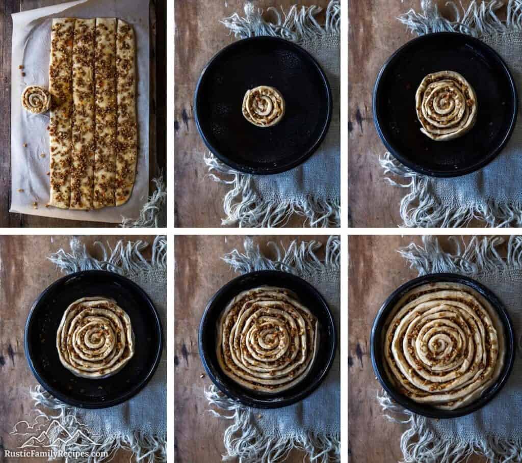 Six photos showing the assembly of spiral coffee cake