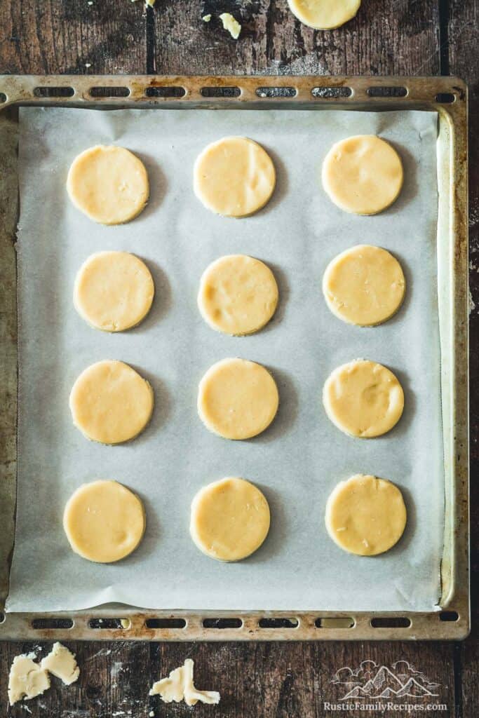 Cookies on parchment-lined baking sheet before baking