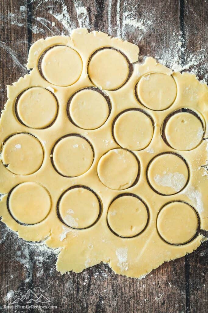 Overhead view of cookie circles cut from dough