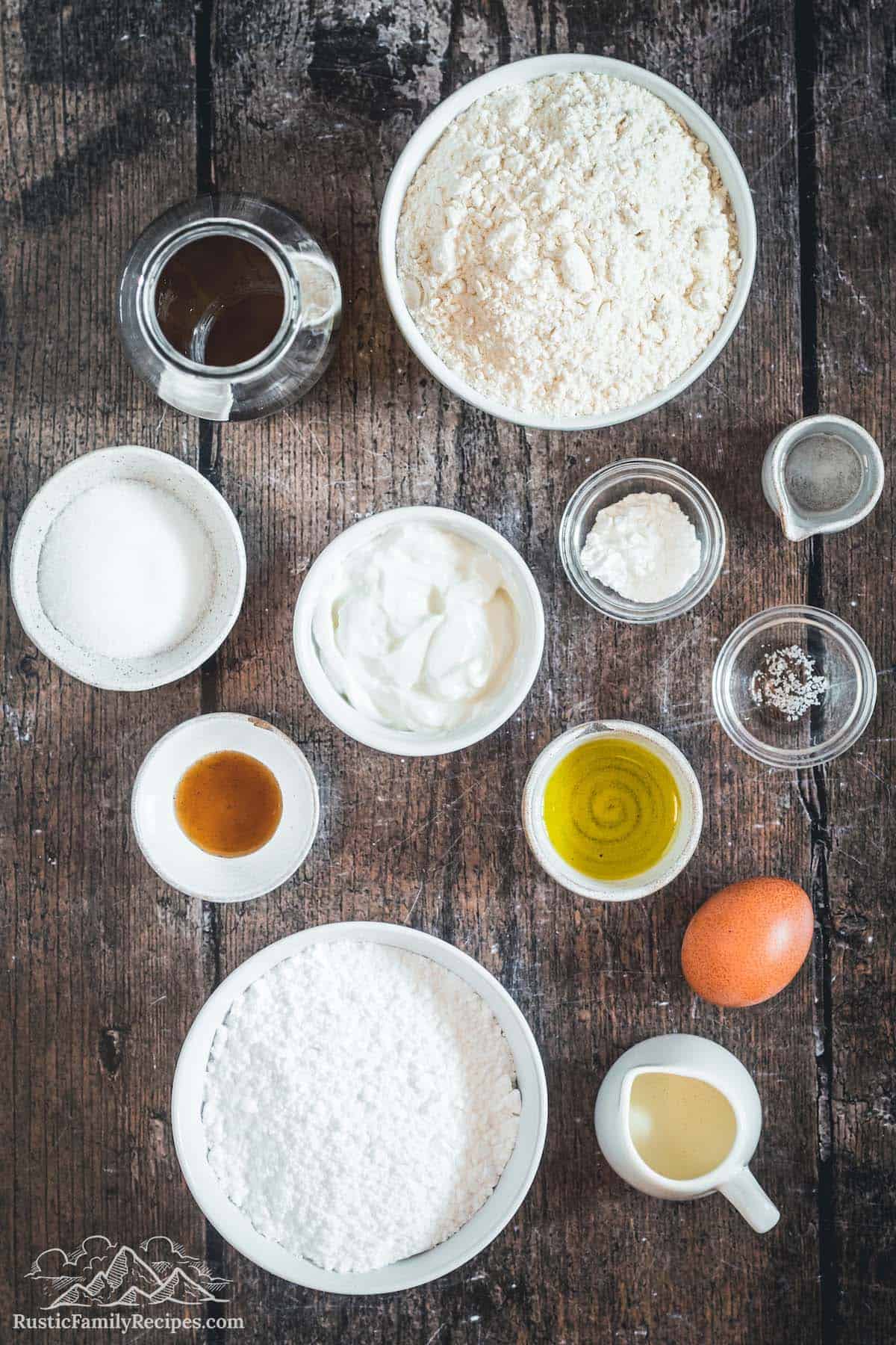 Overhead view of sour cream donut ingredients