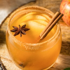 Close up of an apple cider margarita with apple slices, a cinnamon stick and star anise