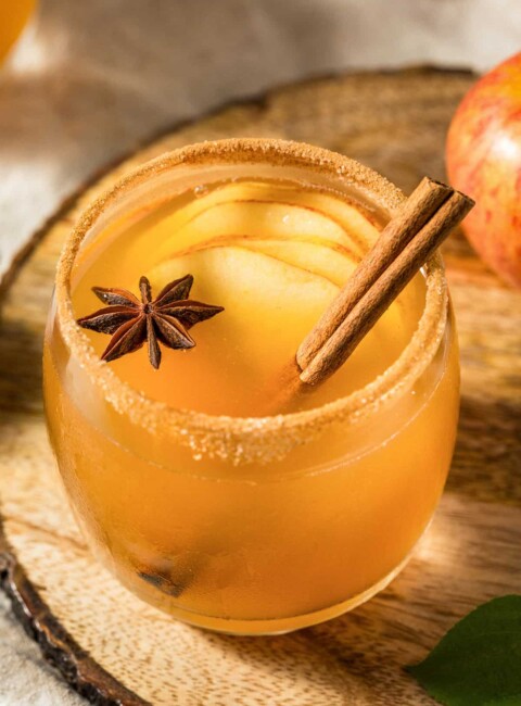 Close up of an apple cider margarita with apple slices, a cinnamon stick and star anise