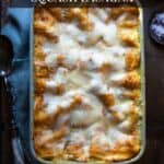A casserole dish with baked butternut squash lasagna