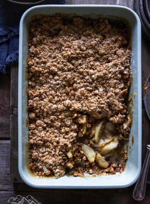 A baking dish filled with baked apple crisp