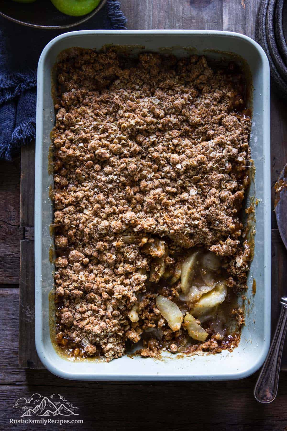 A baking dish filled with baked apple crisp