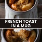 French toast in a mug with whipped cream on top.