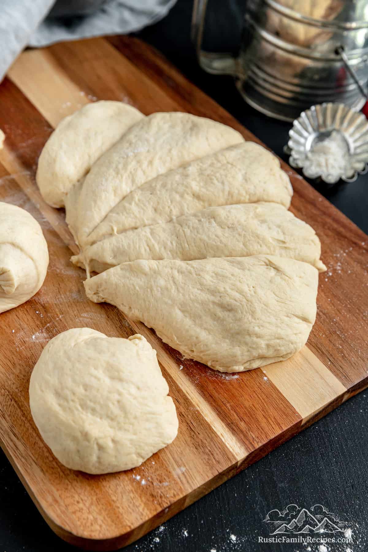 Bolillo dough cut into 8 pieces
