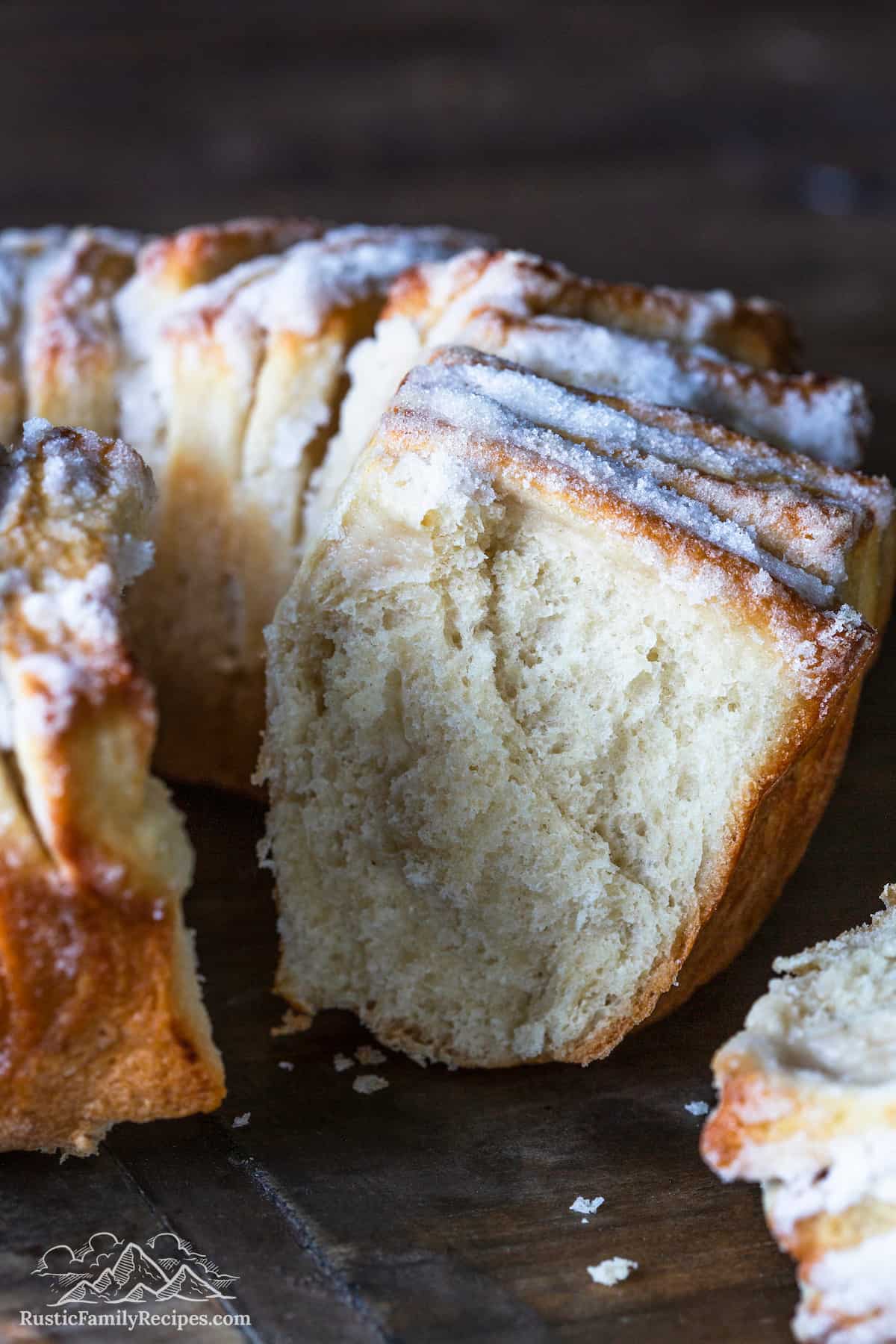 Close up of the inside texture of Fluffy Sugared Monkey Bread.
