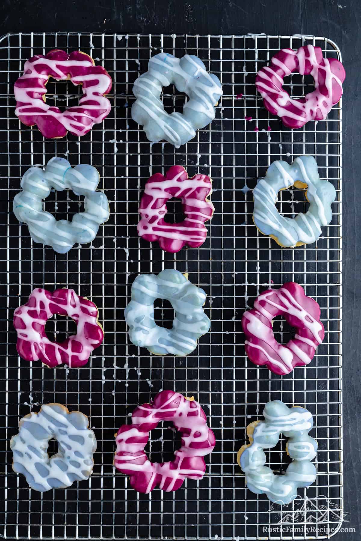 Glazed mochi donuts on a wire cooling rack