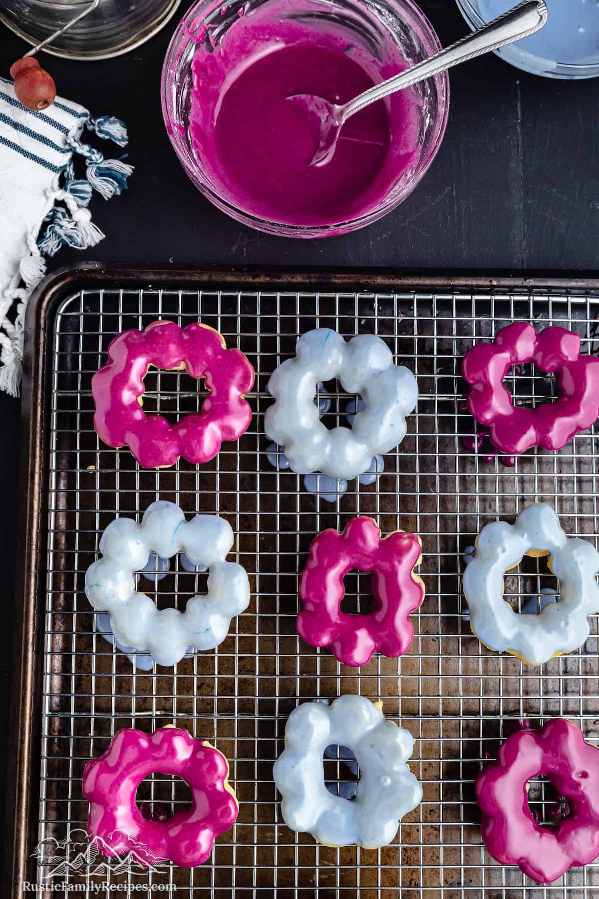 Pink and blue glazed mochi donuts