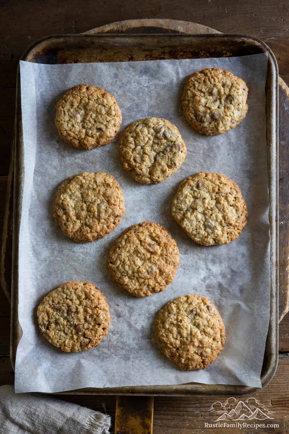 Freshly baked cookies on a baking sheet lined with parchment paper