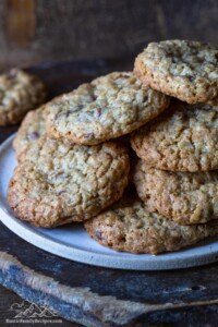 A plate piled high with peanut butter oatmeal cookies