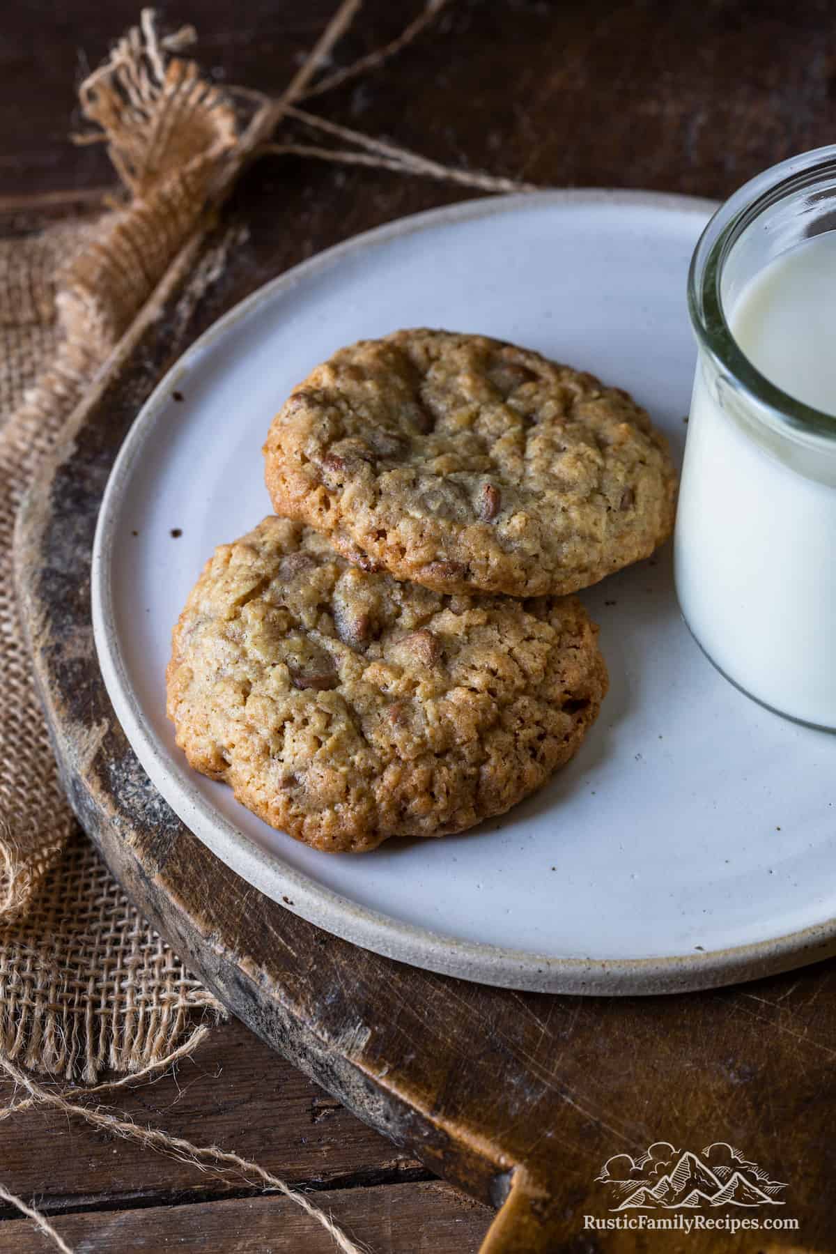 Two cookies on a plate with a small glass of milk