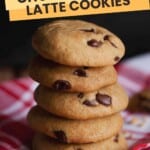 Stack of 5 latte cookies on a red and white cloth.