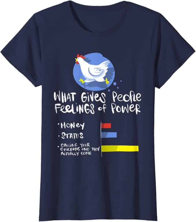White chicken running on a blue tshirt with text