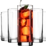 6 high ball glasses, one with soda, ice and a cherry